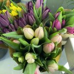 Bouquets de tulipes roses, crème et mauves entourées de feuillage vert