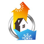 Maison entourée d’une flèche orange avec un soleil et d’une flèche bleue avec un flocon de neige.
